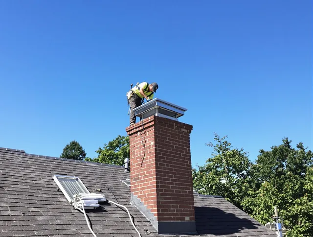 Naugatuck Chimney Sweep technician measuring a chimney cap in Naugatuck, CT